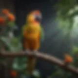 A vibrant large parrot perched on a branch showcasing its colorful plumage