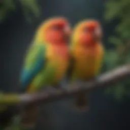 Colorful lovebirds perched on a branch