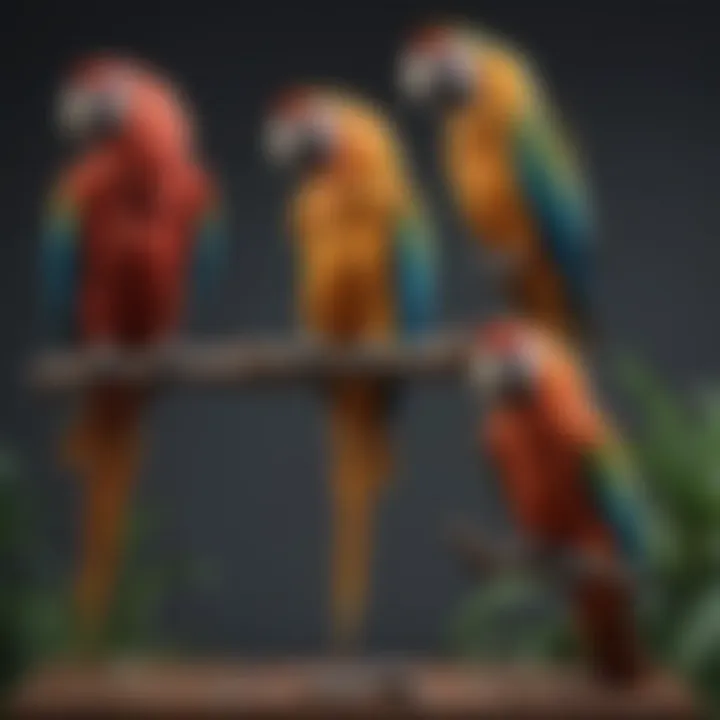 Various types of macaw standing perches arranged neatly