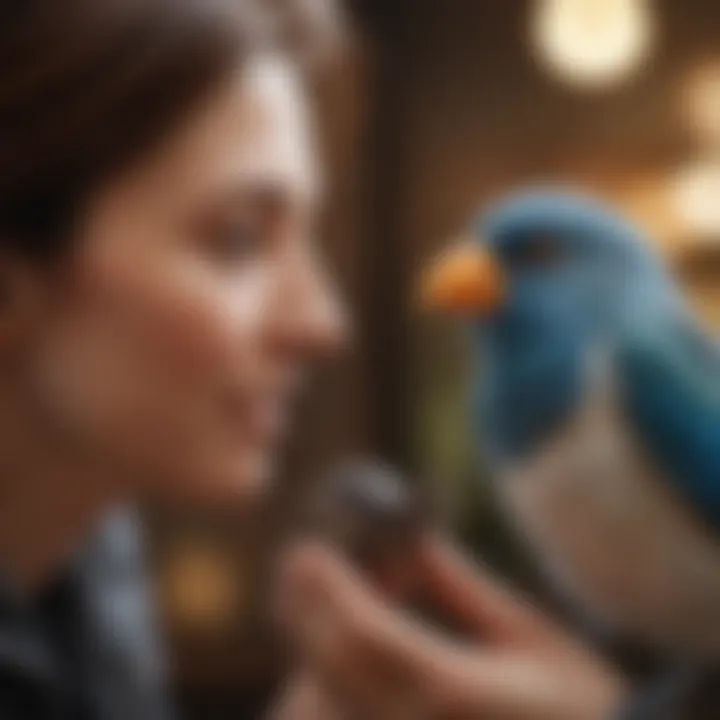 A close-up view of a pet bird interacting with its owner