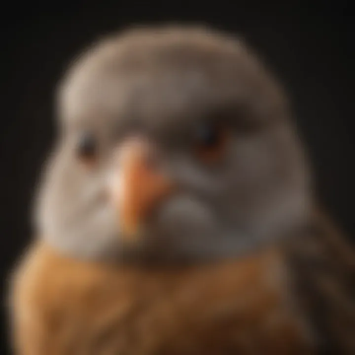 A close-up of a bird's face, expressing curiosity in low light.