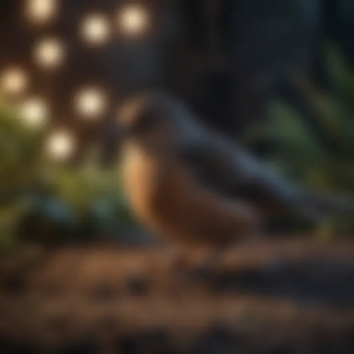 A bird in a dimly lit environment, showcasing its nighttime resting position