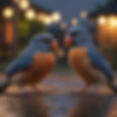 A diverse group of pet birds interacting at dusk, highlighting their social behaviors