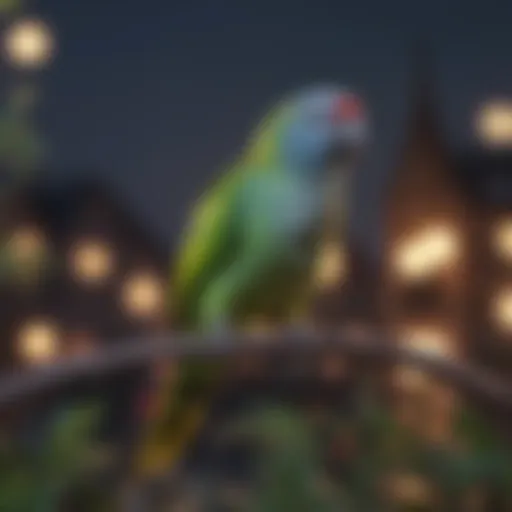 A vibrant parakeet perched at twilight, ready to chirp.