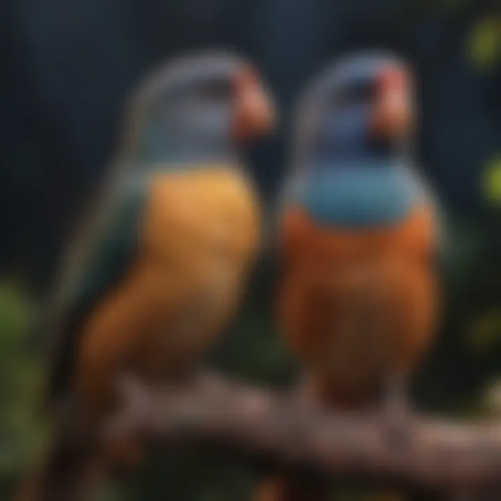 A variety of pet birds showcasing their unique feather colors during dusk.