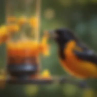 Close-up of an oriole feeding on nectar from a feeder