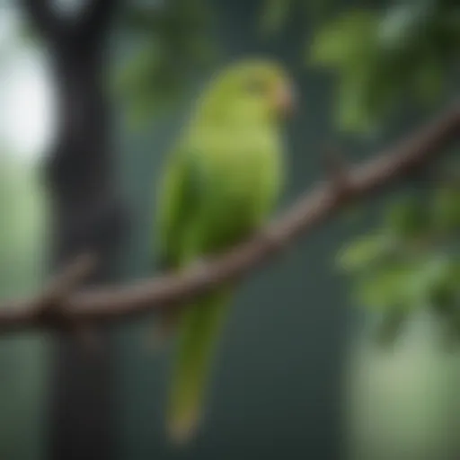 A vibrant green parakeet perched on a branch