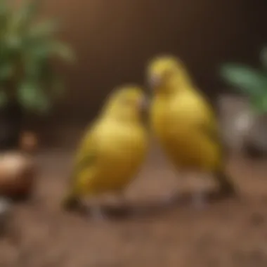 Two canaries interacting playfully, illustrating their social behavior and companionship.