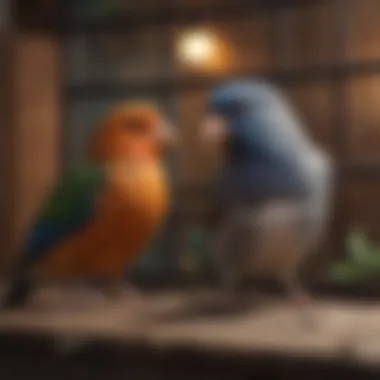 Fostering Social Interaction Among Pet Birds A serene environment with multiple birds interacting socially within their cages.