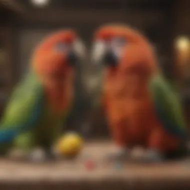 Parrot playfully interacting with toys and a person