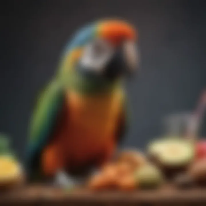 A selection of parrot-friendly foods arranged aesthetically, emphasizing dietary needs