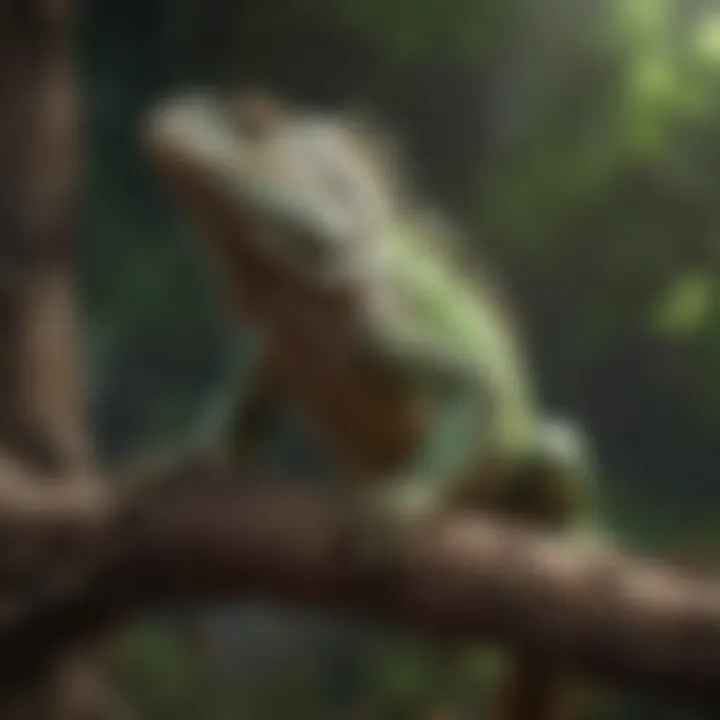 An iguana perched on a branch, demonstrating its climbing abilities.