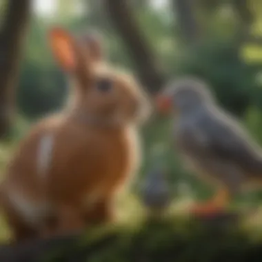 A bunny engaging with a pet bird in a shared habitat, showcasing interspecies interaction.