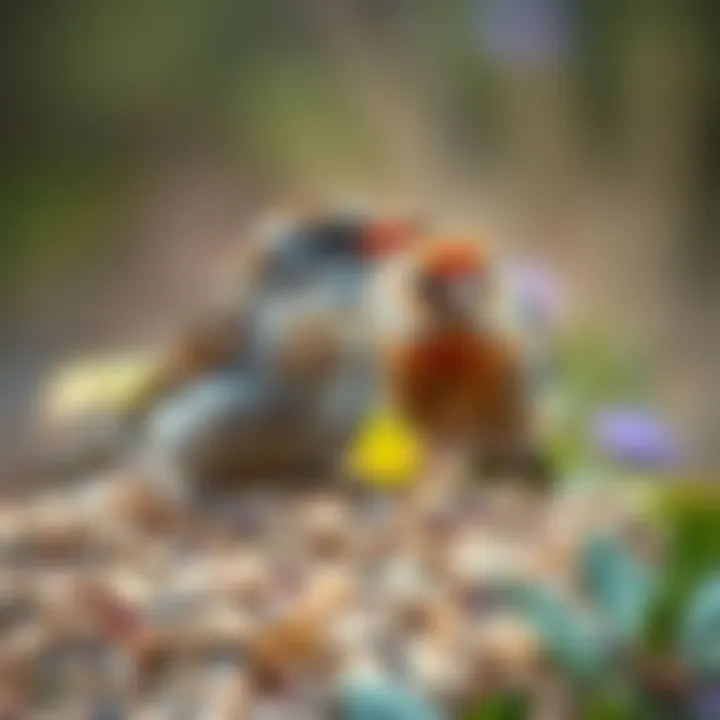 Birds Feeding on Shelled Seeds Birds enjoying shelled seeds in a garden