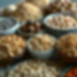 A variety of shelled bird seeds displayed in bowls