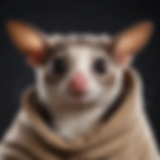 Close-up of a sugar glider in its pouch, showcasing its unique features.