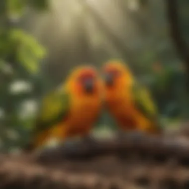 Sun conures interacting playfully in a natural setting