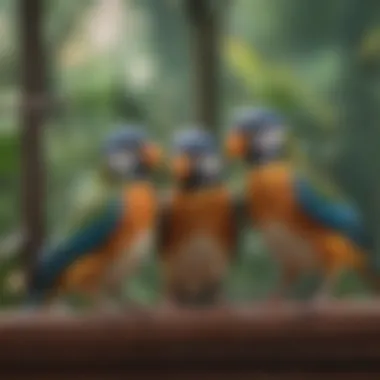 Close-up of birds interacting in a spacious outdoor cage