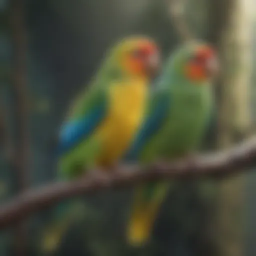 Colorful parakeets perched on a branch