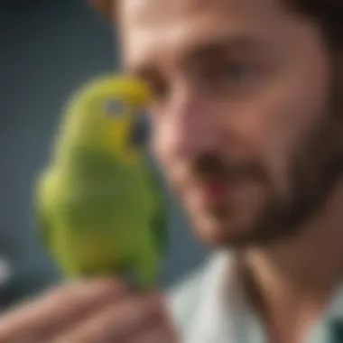 A veterinarian examining a parakeet