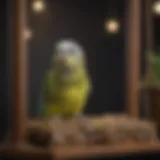 A vibrant budgie perched on a wooden swing in a well-decorated cage