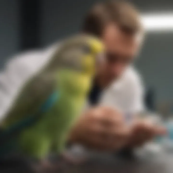 A veterinarian examining a budgie during a routine health check