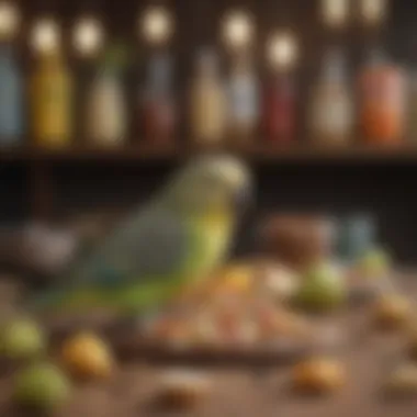 A colorful array of budgie food and treats arranged on a table