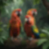 Colorful parrots perched in a lush environment