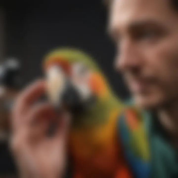 A veterinarian examining a parrot in a clinical setting