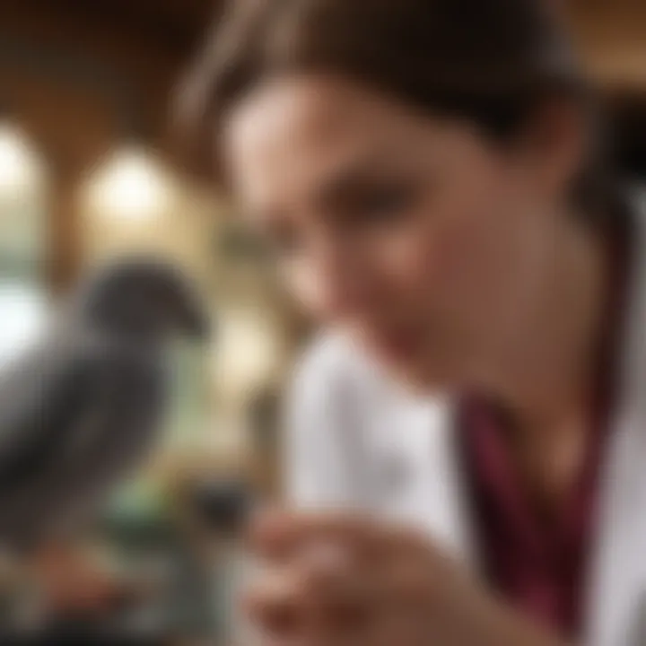 A veterinarian examining a pet bird with care equipment