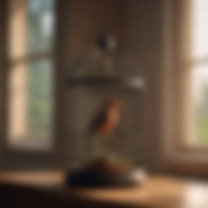 An empty birdcage with soft sunlight streaming through a nearby window.