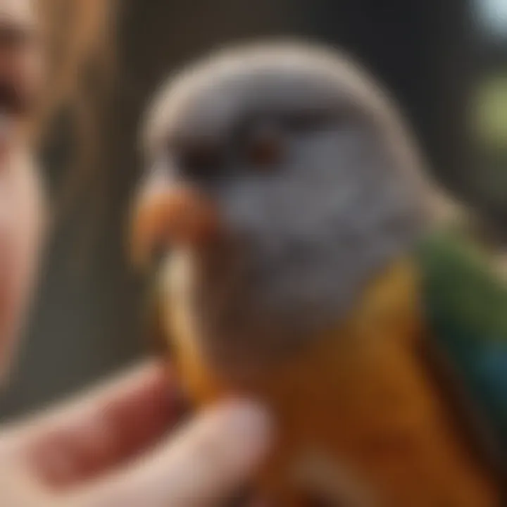 A close-up of a pet bird being gently stroked, highlighting safe interaction.