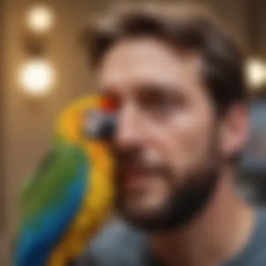 A colorful parrot perched on the head of its owner, showcasing a moment of connection.