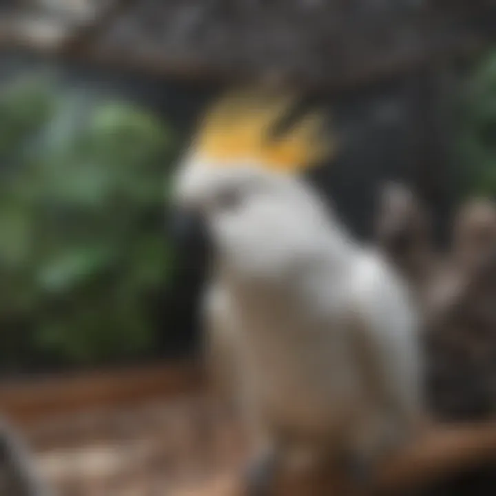 Well-maintained cockatoo cage featuring habitat enrichment elements