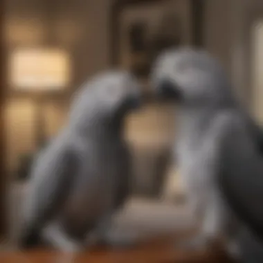 A close-up of a grey parrot interacting with its owner in a cozy living room