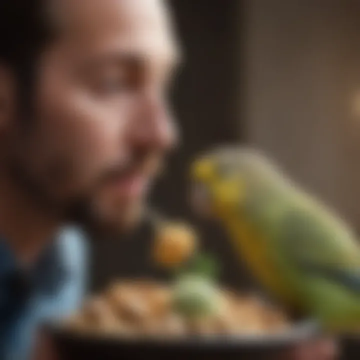 A close-up of a bird owner feeding a budgie, emphasizing the importance of nutrition