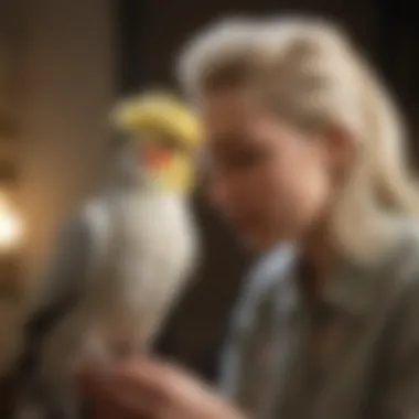 A heartwarming scene of a caregiver bonding with a cockatiel, illustrating emotional connections