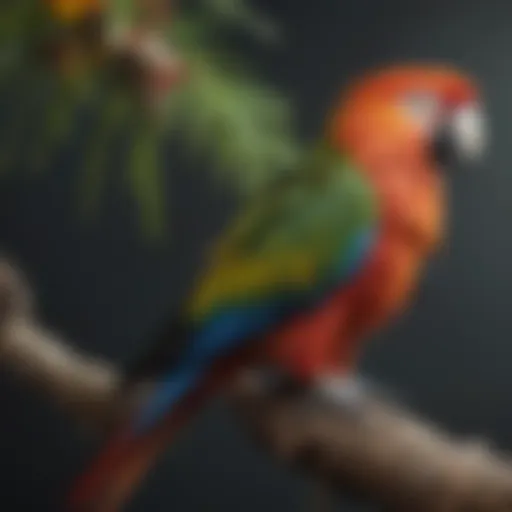 A vibrant parrot perched on a branch, showcasing its colorful feathers and personality