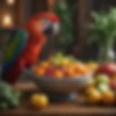 A colorful bowl filled with fresh fruits and vegetables ideal for macaw feeding.