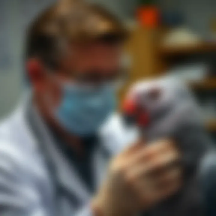 A veterinarian examining a gray parrot, emphasizing health factors.