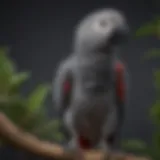 Close-up of an African Grey parrot perched on a branch, showcasing its vibrant plumage and intelligent gaze.