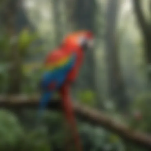 A vibrant scarlet macaw perched against a lush rainforest backdrop.