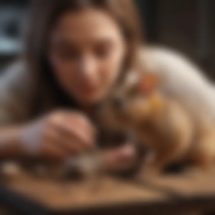 An exotic pet specialist examining a small mammal, emphasizing the caregiver's attention to detail.