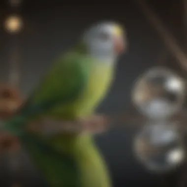 Close-up of a parakeet observing its reflection, highlighting emotional responses.