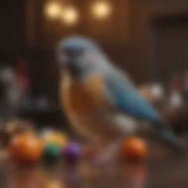 A pet bird with a variety of toys and enrichment activities