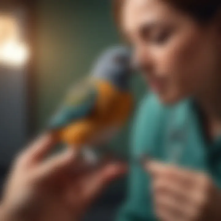 A veterinary professional examining a pet bird with a stethoscope.