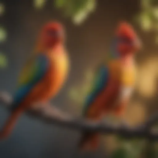 Colorful pet birds perched on a branch