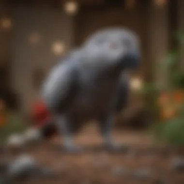 An African grey parrot demonstrating curiosity while exploring its environment.