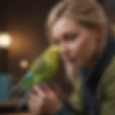 A serene scene of a budgie interacting with its caregiver, fostering trust.