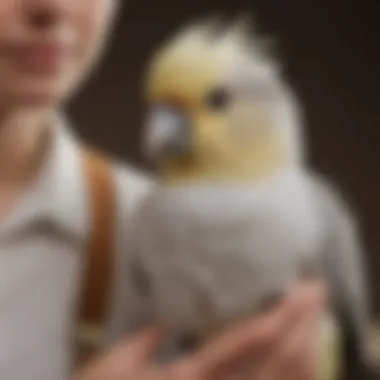 A cockatiel comfortably resting on a caregiver's knee, illustrating a bond of trust.